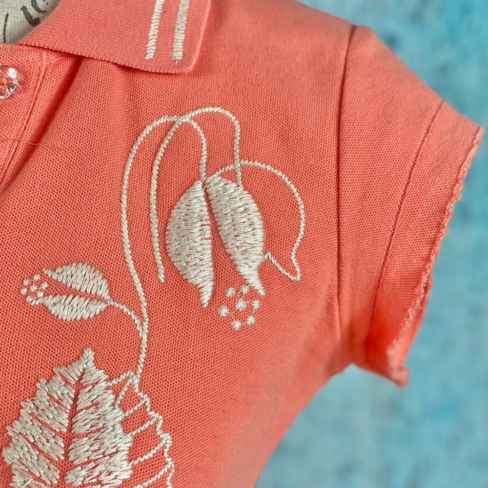 Johnny Was Coral Embroidered Cotton Polo Top - Picture 9 of 14